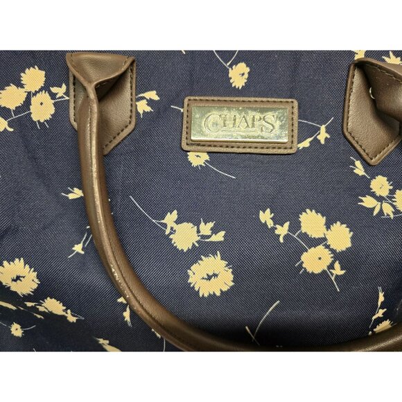 Chaps Navy Blue Floral Tote Bag With Brown Handles & Zipper Closure - Picture 2 of 16